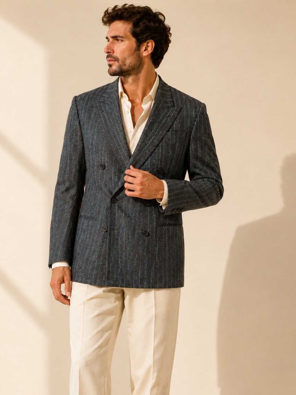 Vintage Double Breasted Wool Blazer Quiet Luxury Gray Charcoal Teal Stripes 40L